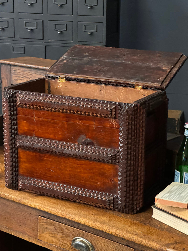 Large Antique Tramp Art Box, Folk Art Box, Antique Sewing Box, Carved Wood Tramp Art Box With Cushion Top, Keepsake Box