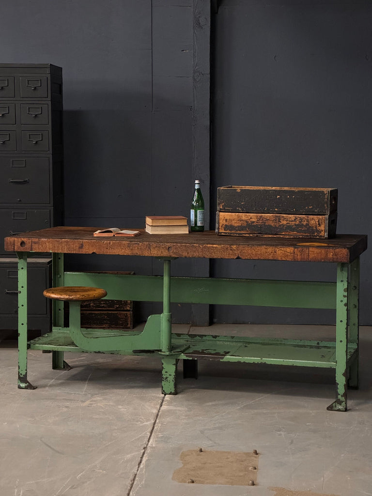 Antique Workbench, Industrial Table With Swing Arm Seat, Machinist Workbench, Butcher Block Island, Wood and Metal Desk