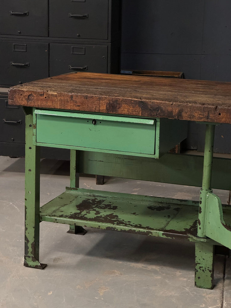 Antique Machinist Workbench, Table With Swing Arm Seat, Butcher Block Top Table, Antique Workbench, Industrial Desk
