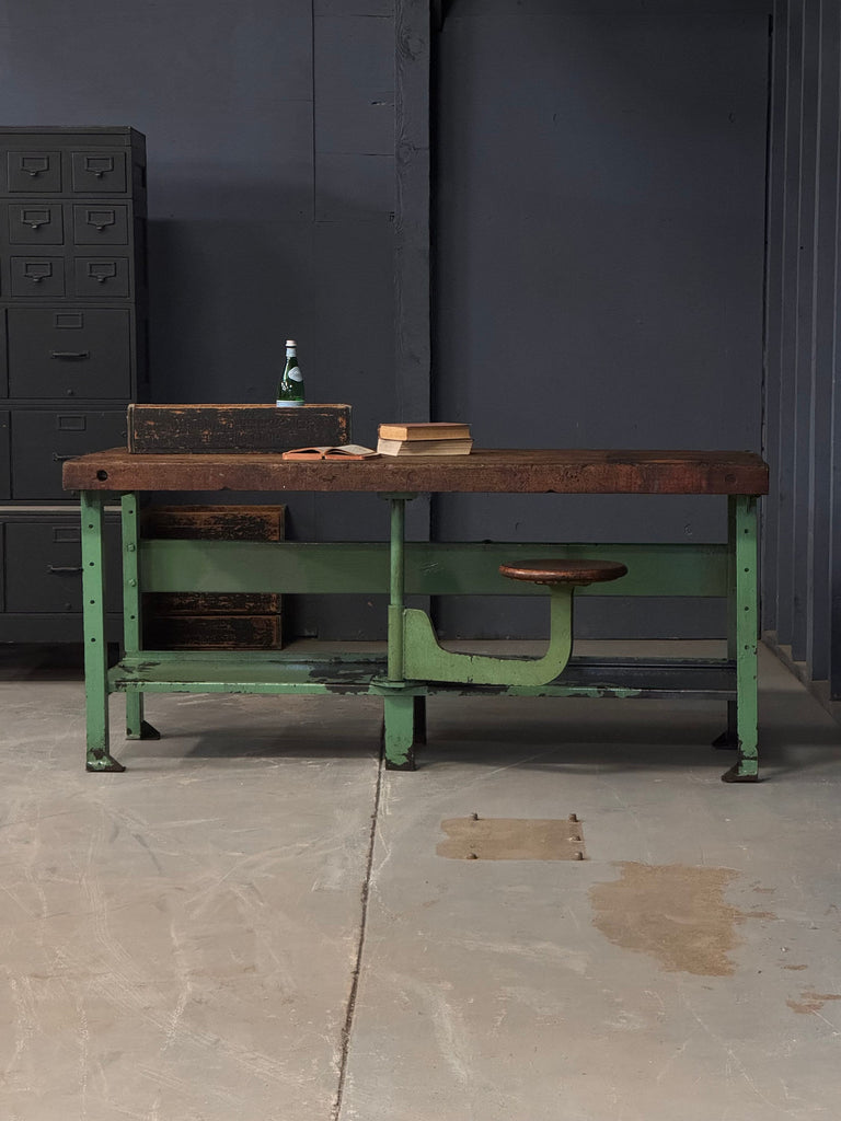 Industrial Workbench, Swing Arm Seat Table, Machinist Workbench, Butcher Block Table, Wood and Metal Desk