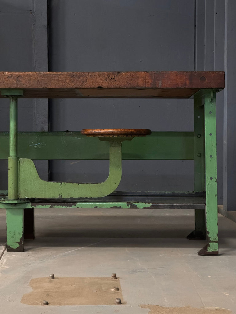 Industrial Workbench, Swing Arm Seat Table, Machinist Workbench, Butcher Block Table, Wood and Metal Desk