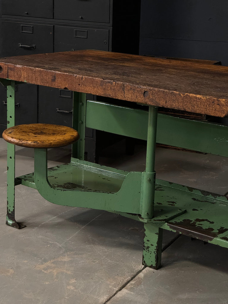 Antique Workbench, Industrial Table With Swing Arm Seat, Machinist Workbench, Butcher Block Island, Wood and Metal Desk