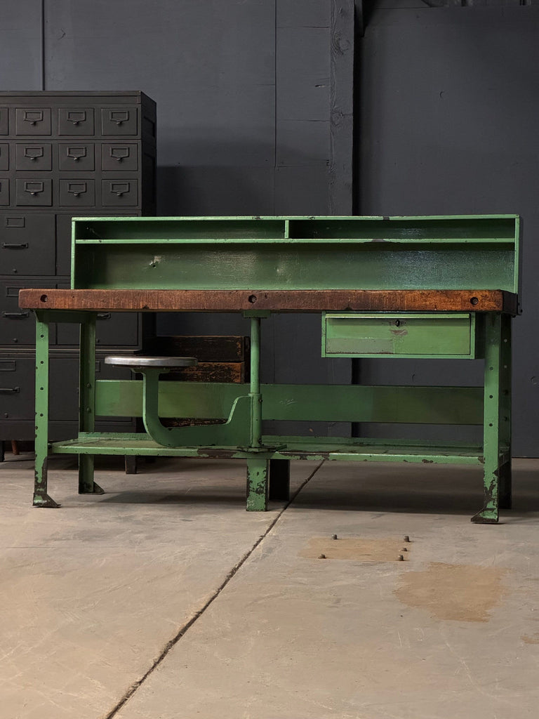 Antique Butcher Block Workbench, Workbench Table With Swing Arm Seat, Machinist Workbench, Industrial Table