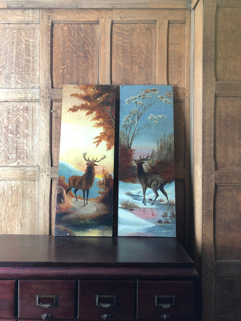 Pair of Antique Oil Paintings On Canvas, Deer Buck Outdoor Scene, Mountain Wall Art, Cabin Lodge Decor, Hunting Decor