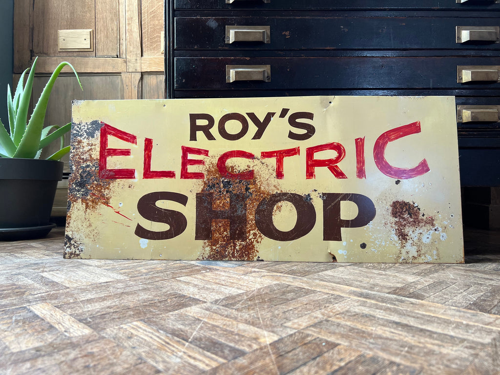 Vintage Electric Shop Sign, Roys Electric Shop, Hand Painted Shop Sign, Trade Sign, Rusty Vintage Sign