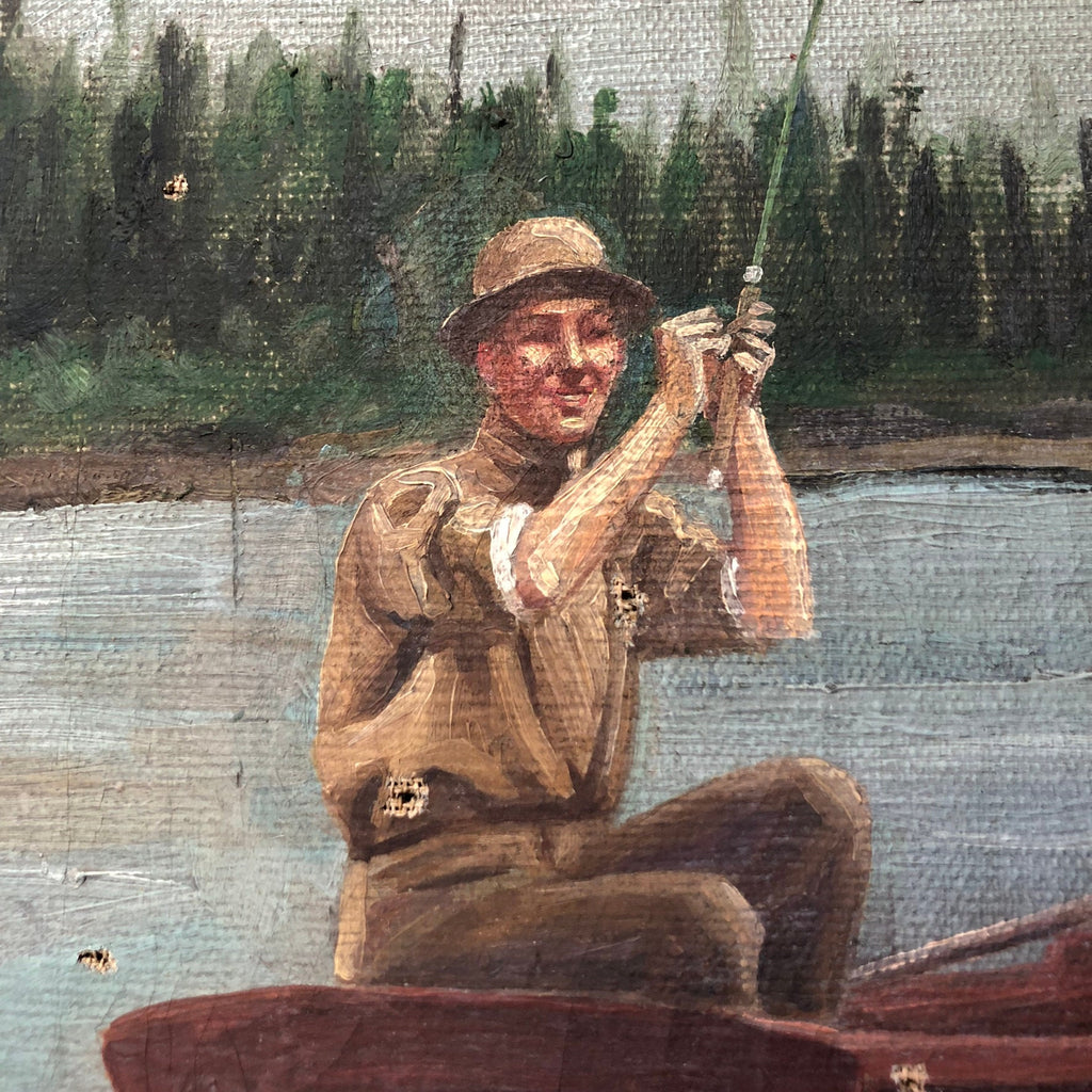 Vintage Oil Painting On Canvas, Fishing Painting, Two Men In A Boat Fishing, Vintage Bass Fishing, Lake House Decor