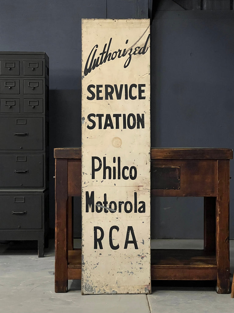 Vintage Service Station Sign, Philco Motorola RCA Sign, Hand Painted Trade Sign, Repair Shop Sign, Industrial Shop Sign