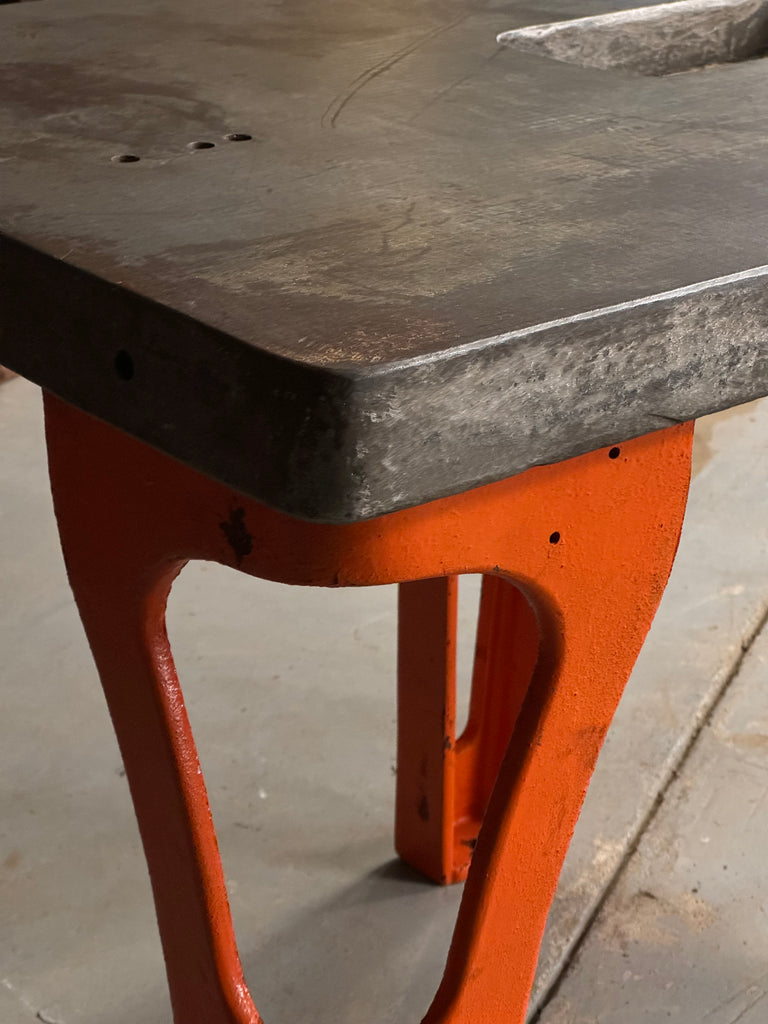 Antique Machinist Table, Steel And Cast Iron Industrial Tripod Table, Industrial Work Table, Industrial Entryway Table