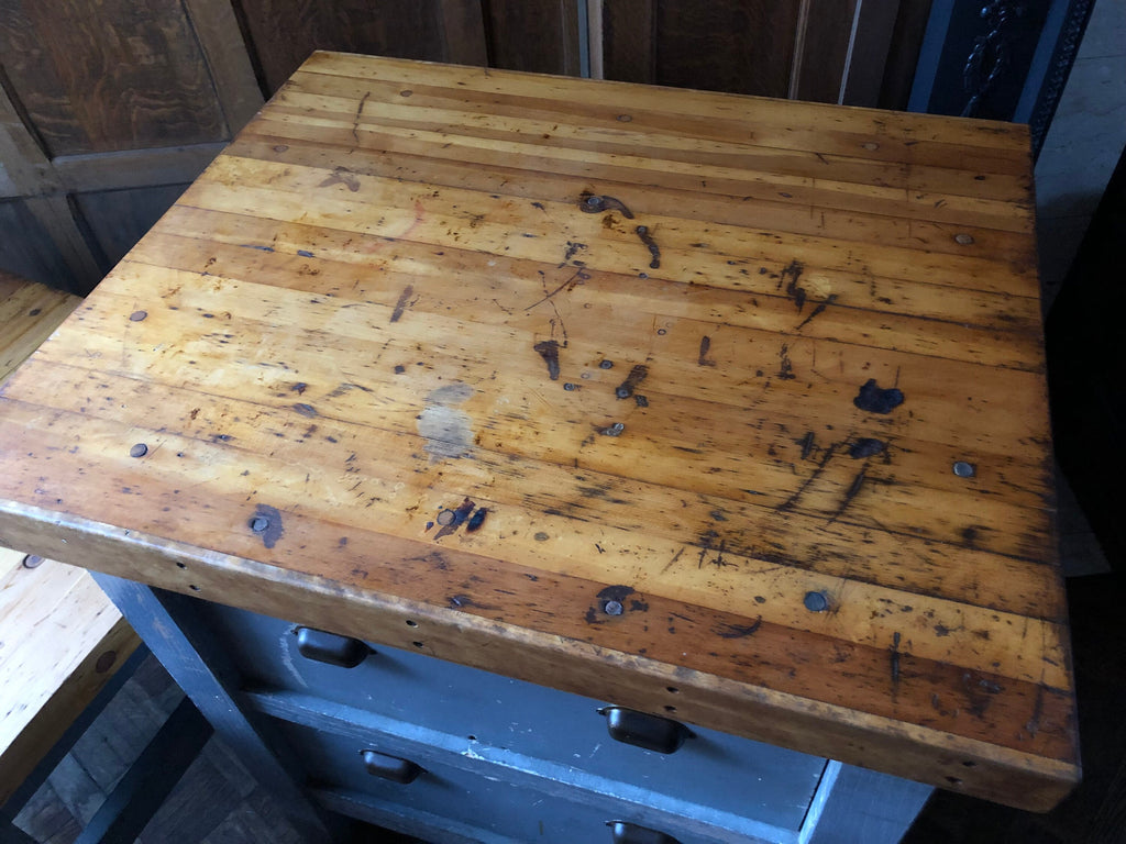PAIR of Antique Industrial Tables, Butcher Block Workbench Side Tables, Industrial Coffee Table, Vintage Industrial Side Tables