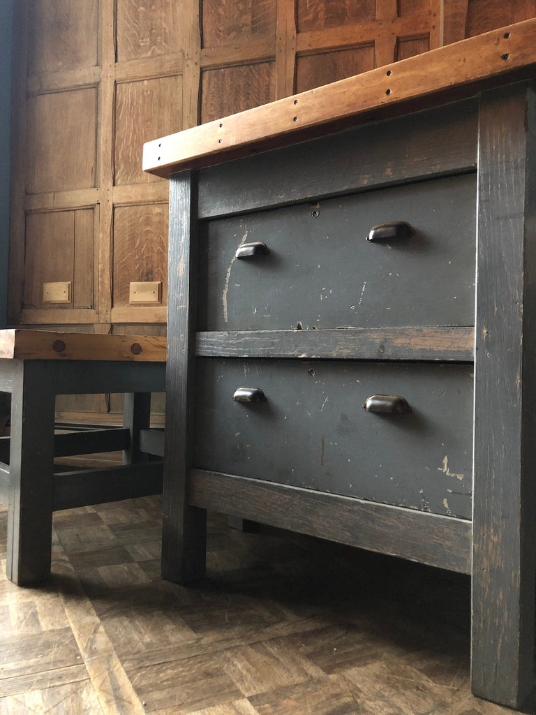PAIR of Antique Industrial Tables, Butcher Block Workbench Side Tables, Industrial Coffee Table, Vintage Industrial Side Tables