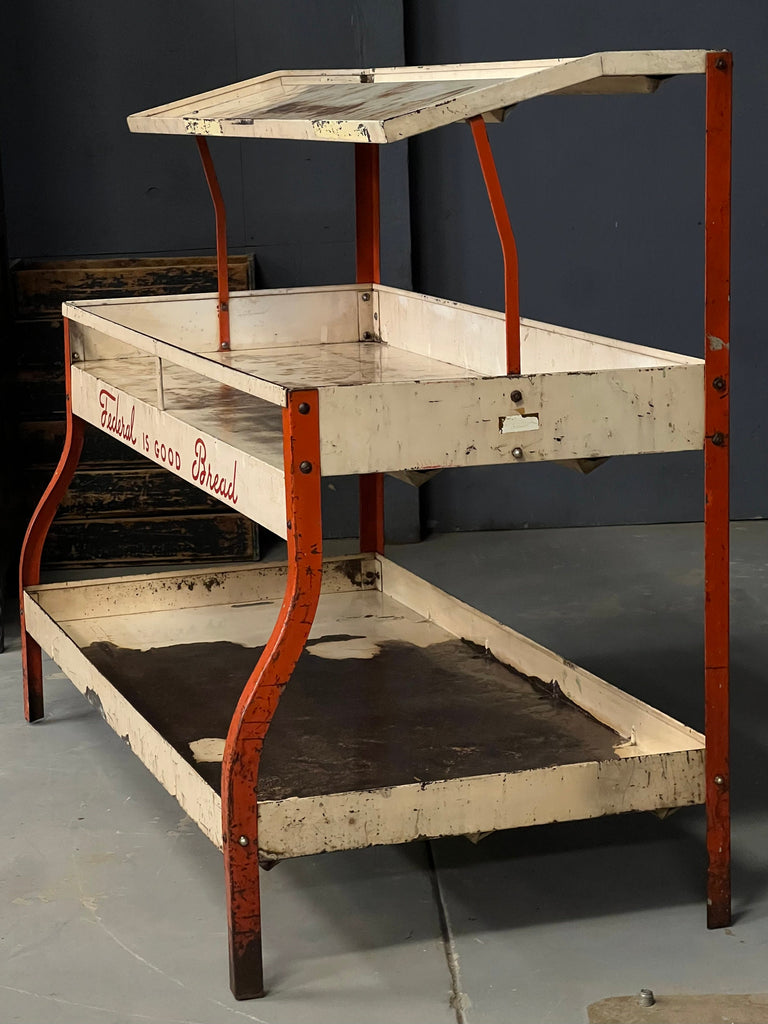 Large Vintage Retail Display Rack, Federal Bread Display Shelf, Tiered Metal Shelving, Bread Advertising