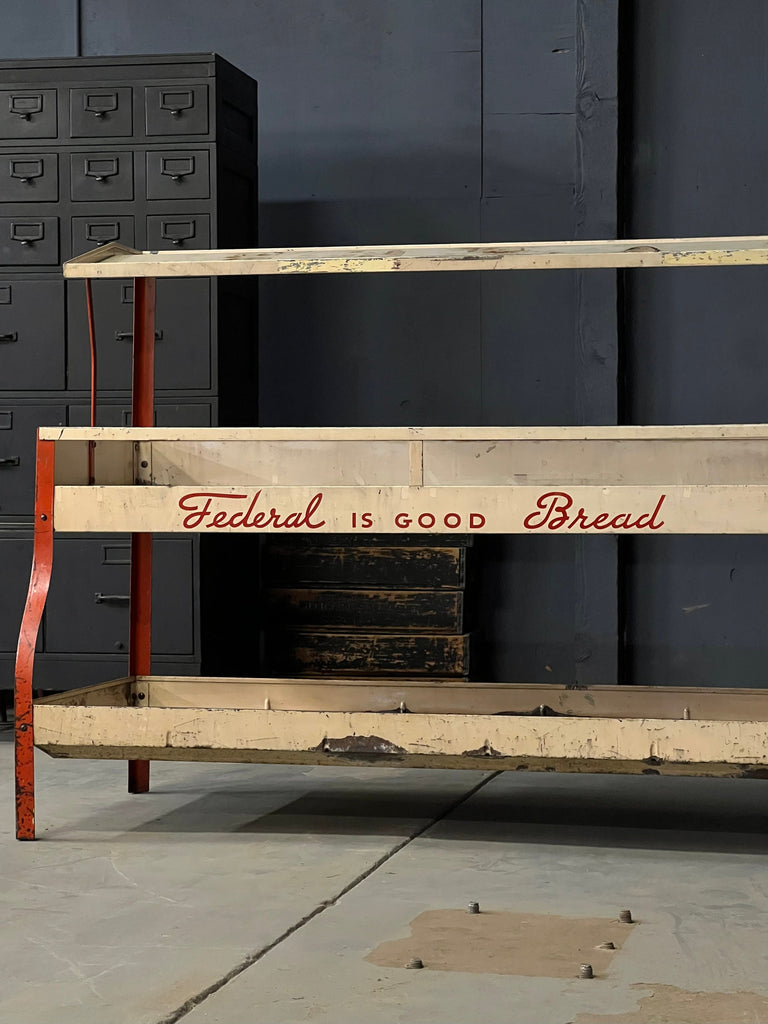 Large Vintage Retail Display Rack, Federal Bread Display Shelf, Tiered Metal Shelving, Bread Advertising