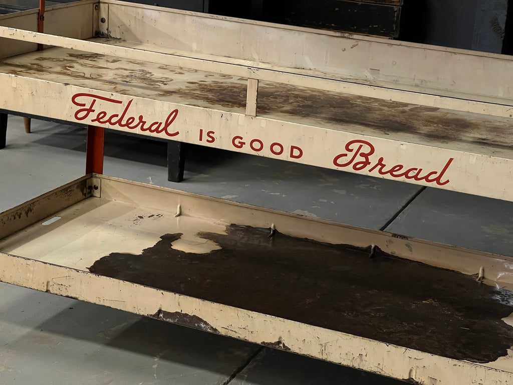 Large Vintage Retail Display Rack, Federal Bread Display Shelf, Tiered Metal Shelving, Bread Advertising