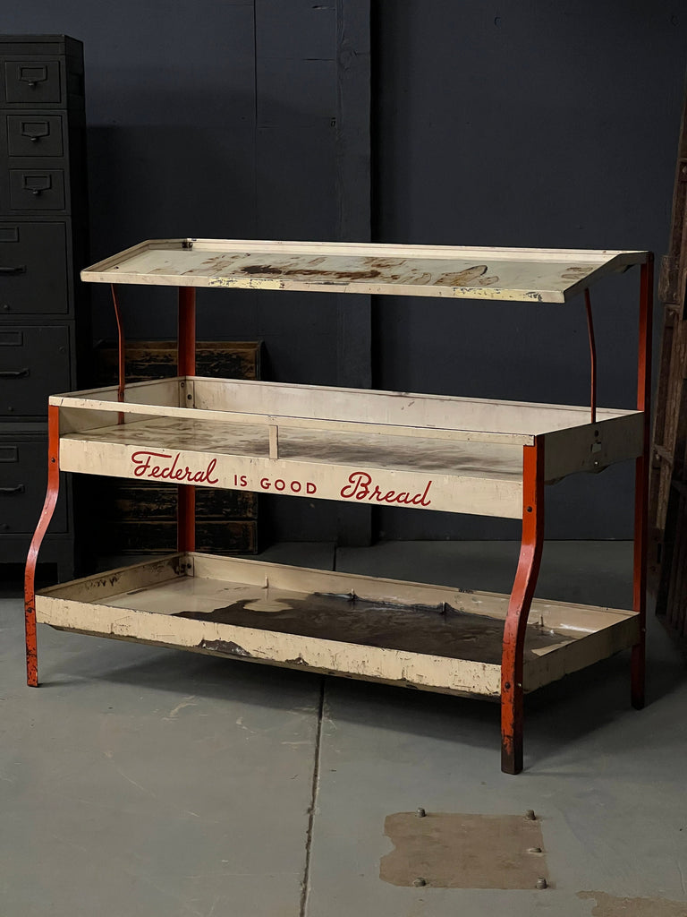Large Vintage Retail Display Rack, Federal Bread Display Shelf, Tiered Metal Shelving, Bread Advertising