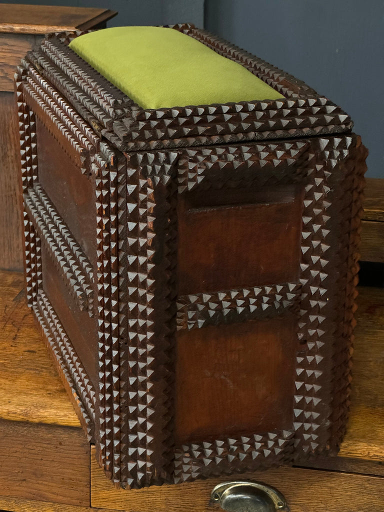 Large Antique Tramp Art Box, Folk Art Box, Antique Sewing Box, Carved Wood Tramp Art Box With Cushion Top, Keepsake Box