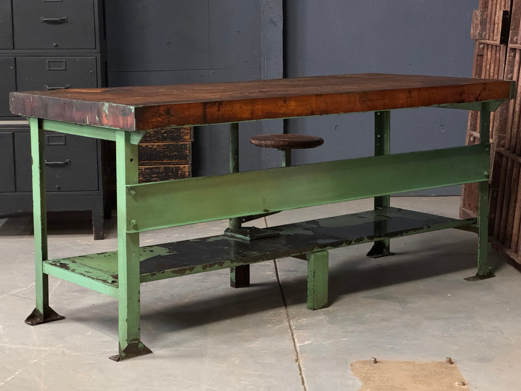 LARGE Industrial Workbench Table With Swing Arm Seat, Industrial Desk, Machinist Workbench, Butcher Block Island, Wood and Metal Desk