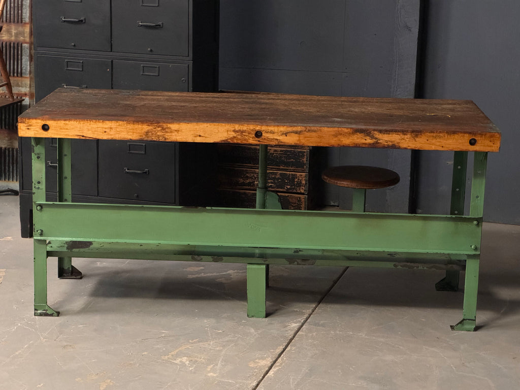 Industrial Butcher Block Workbench Table With Swing Arm Seat, Machinist Workbench, Kitchen Island, Industrial Desk