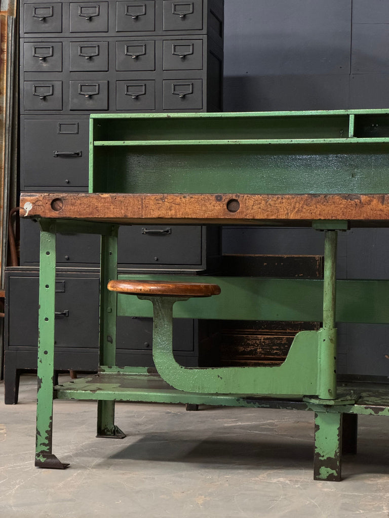 Industrial Machinist Workbench Table With Swing Arm Seat, Butcher Block Table, Antique Workbench, Industrial Desk