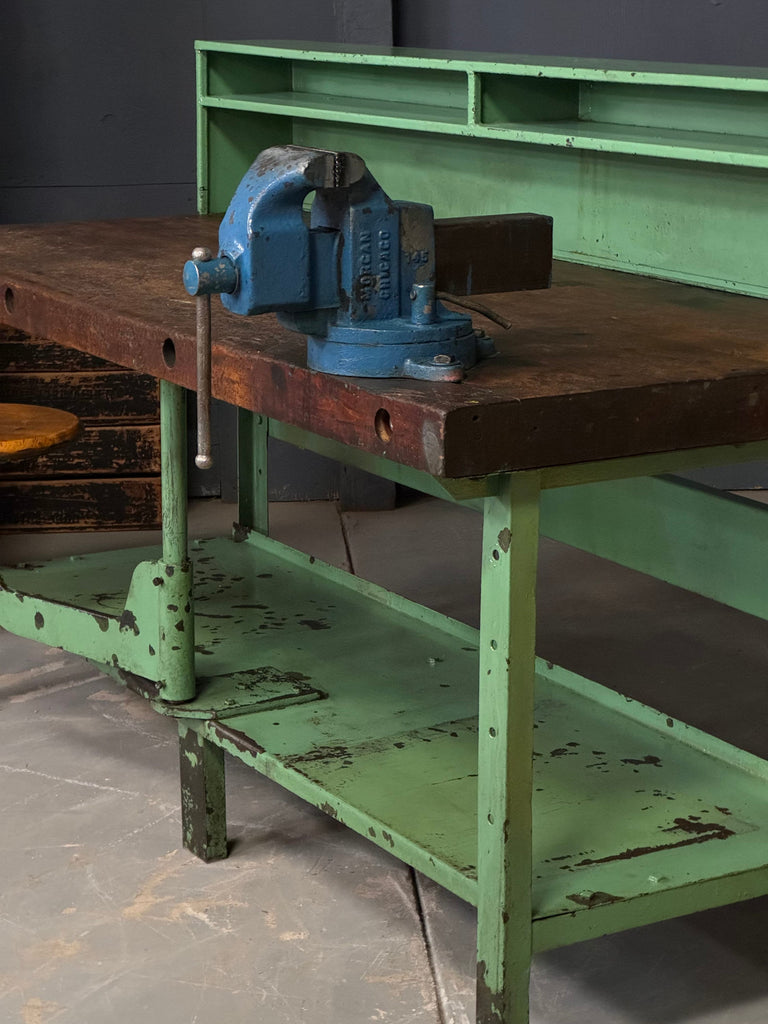 Antique Workbench With Vise, Industrial Machinist Workbench, Butcher Block Table, Wood and Metal Workbench