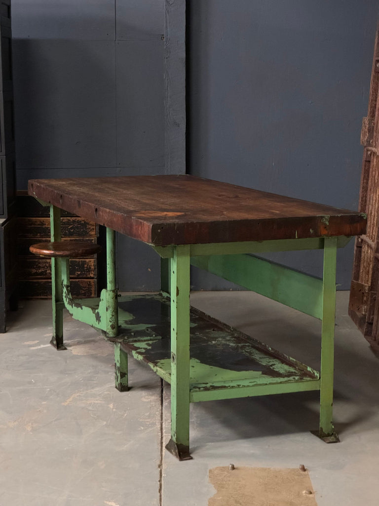 LARGE Industrial Workbench Table With Swing Arm Seat, Industrial Desk, Machinist Workbench, Butcher Block Island, Wood and Metal Desk