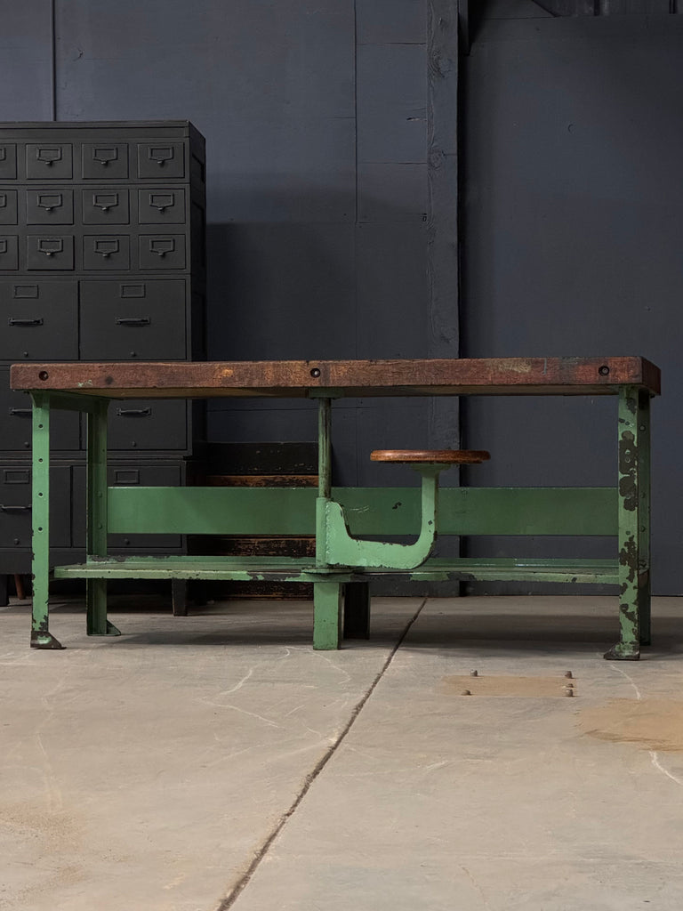 Industrial Butcher Block Workbench Table With Swing Arm Seat, Machinist Workbench, Kitchen Island, Industrial Desk
