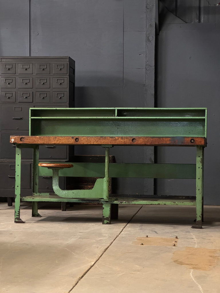 Industrial Machinist Workbench Table With Swing Arm Seat, Butcher Block Table, Antique Workbench, Industrial Desk
