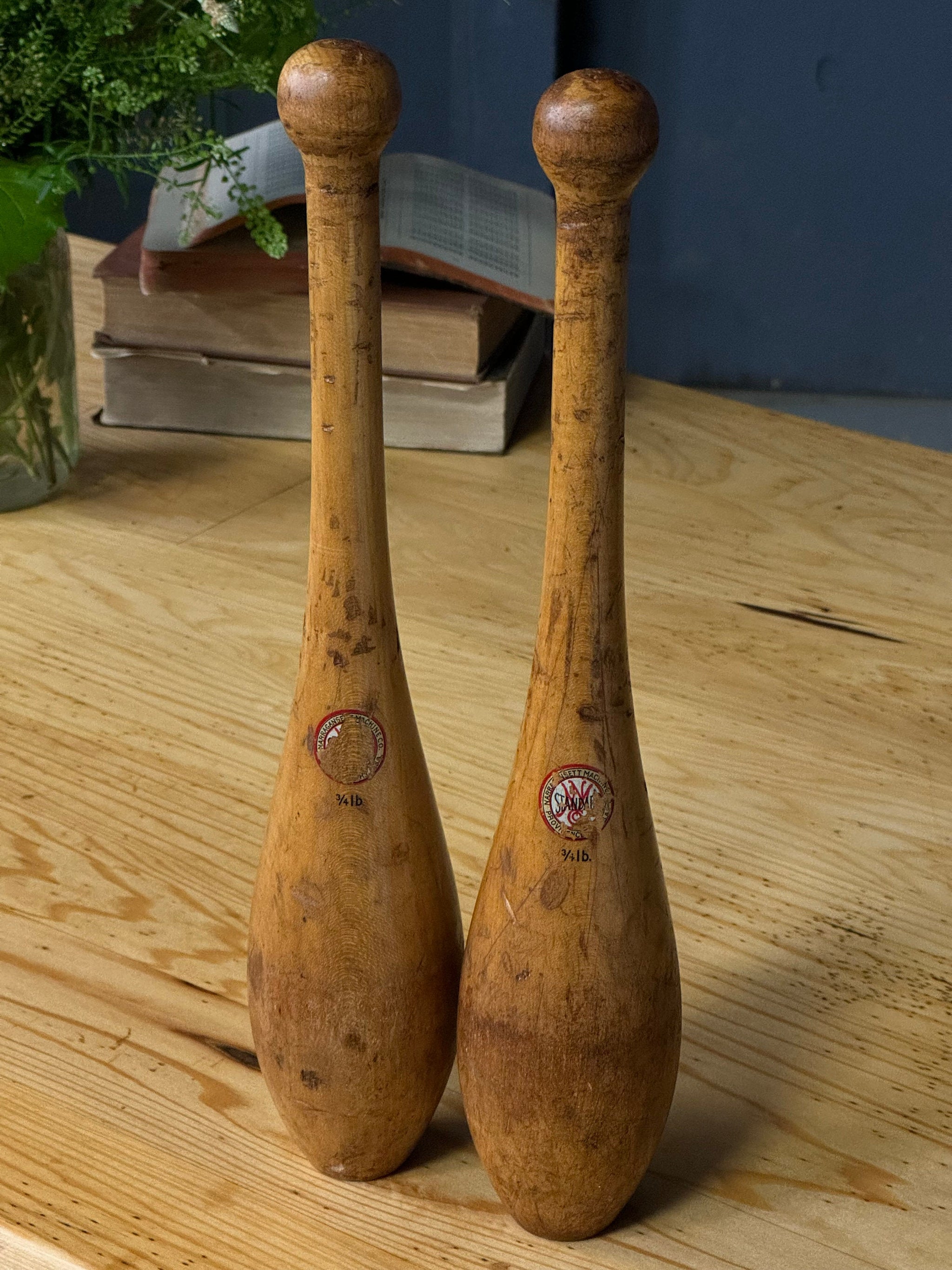 Pair Of Antique Indian Clubs, Narragansett Machine Co. Wood Indian