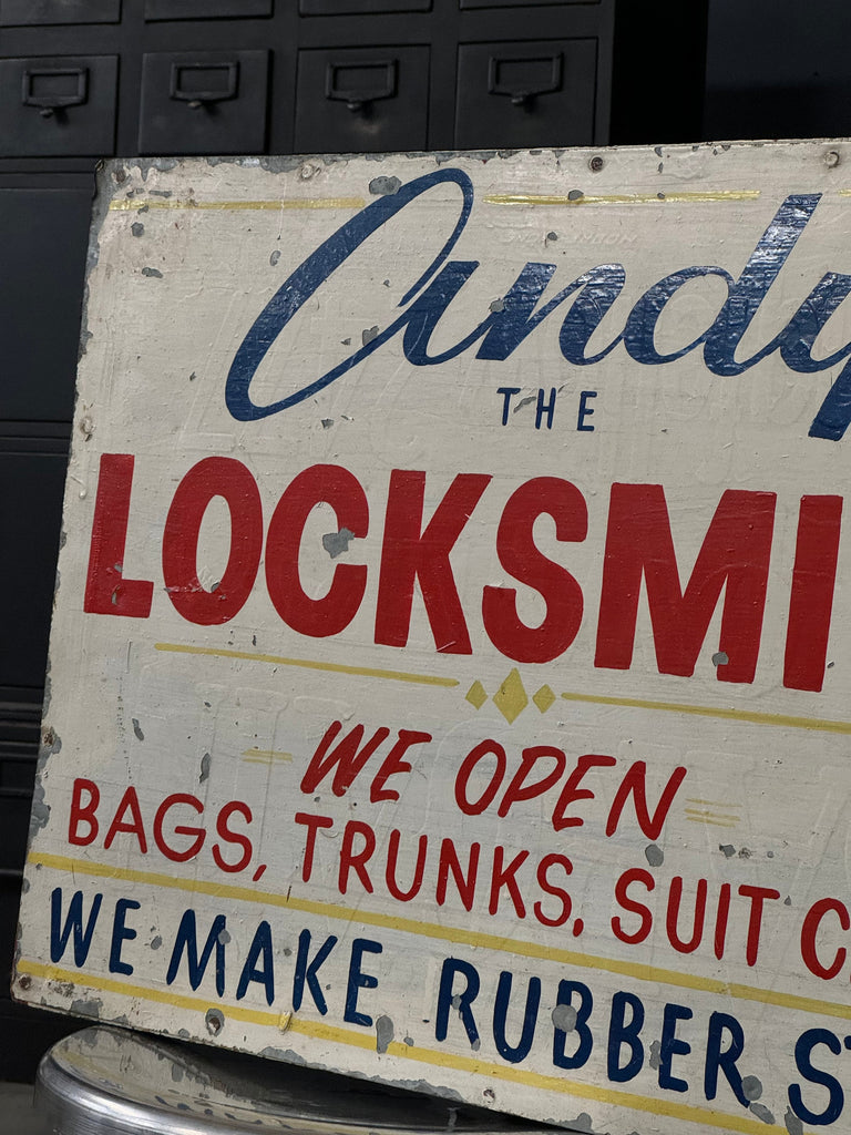 Vintage Locksmith Sign, Vintage Trade Sign, Andy The Locksmith, Hand Painted Trade Sign, Repair Shop Sign, Industrial Shop Sign