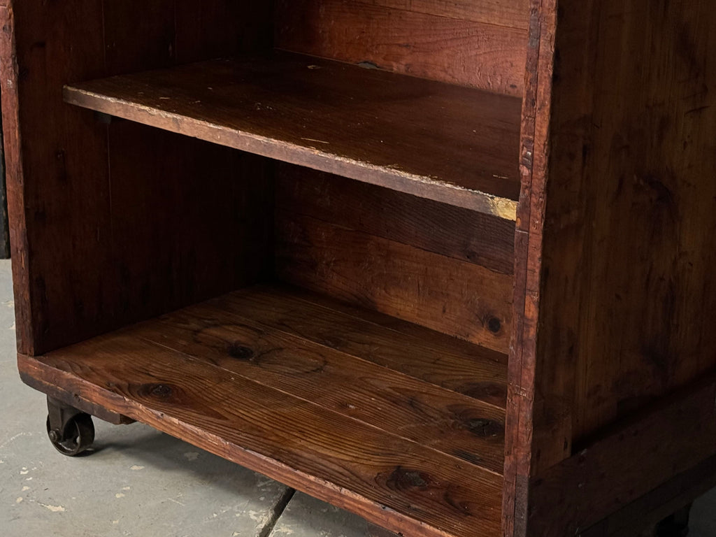 Antique Material Rack Shelving, Rolling Industrial Factory Cart, Industrial Shelving, Wood Shelving Unit on Casters, Vinyl Shelf