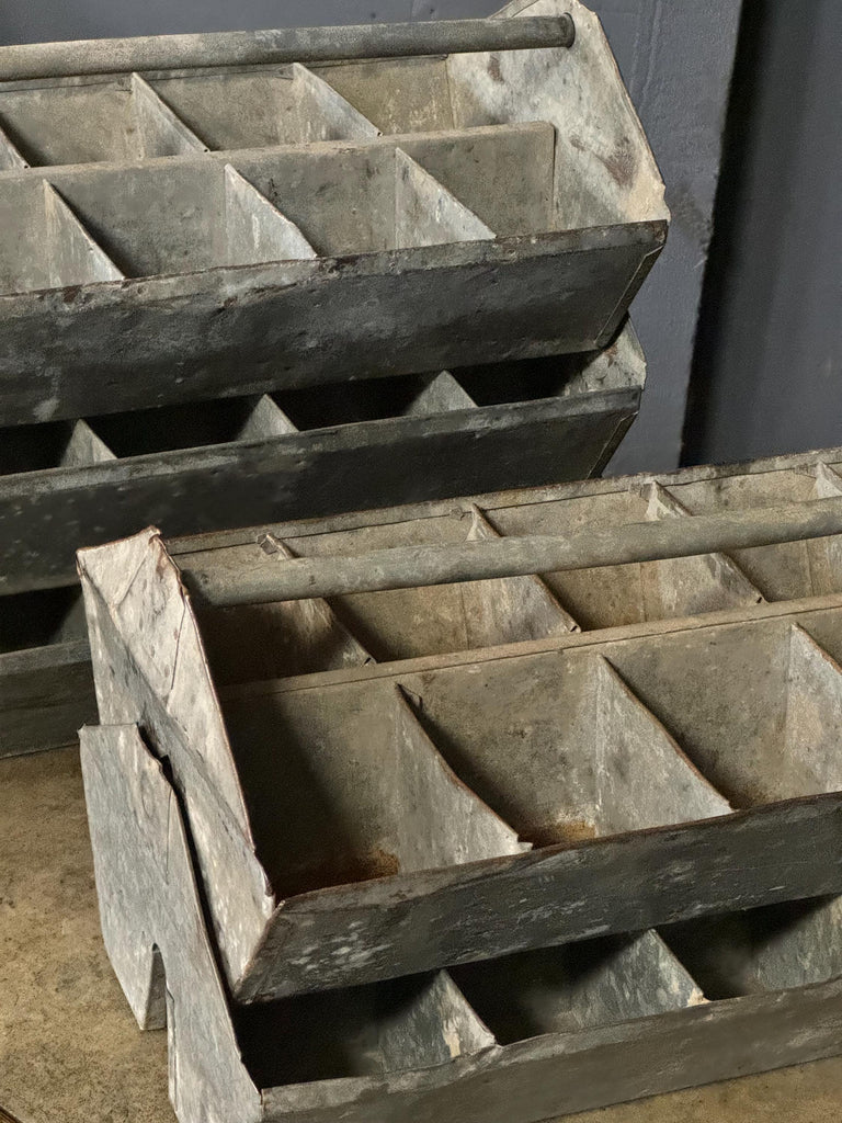 Large Antique Galvanized Tote, Set Of Five Stacking Tool Caddies, Galvanized Metal Toolbox, Metal Tote, Tool Tote, Industrial Storage