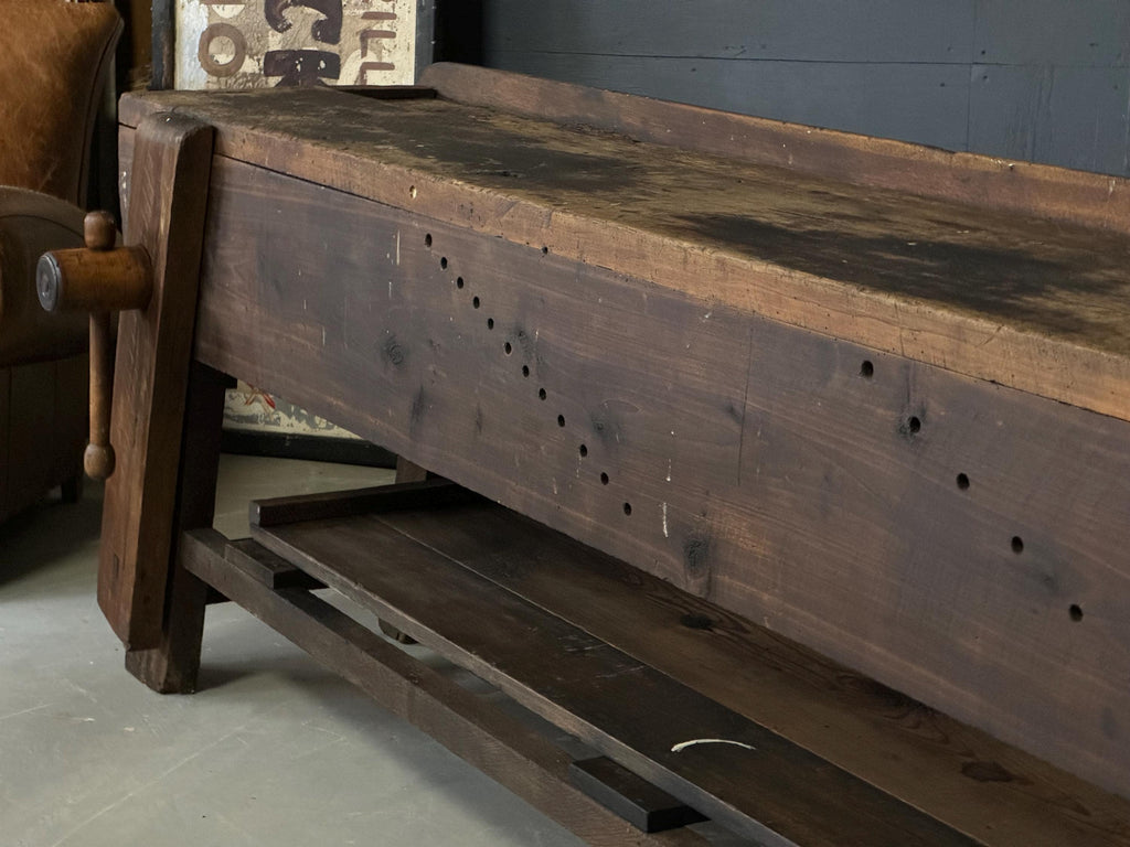 LARGE Antique Workbench Table, Wood Working Bench With Vice, Industrial Workbench, Industrial Console Table, Primitive Entryway Table