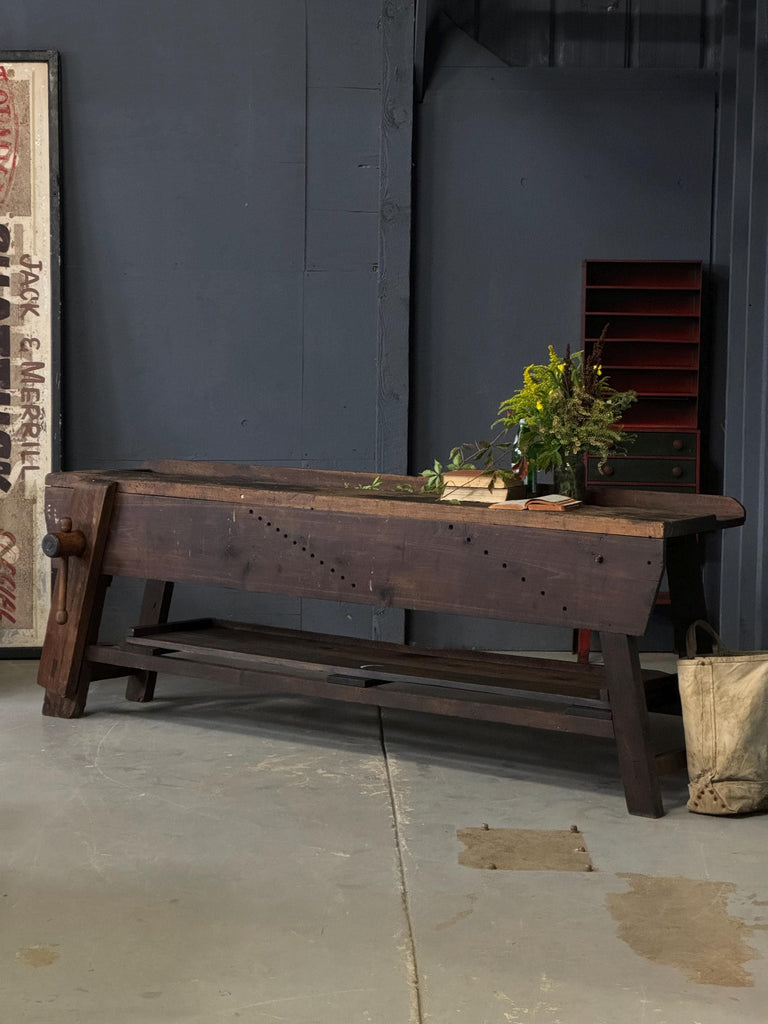 LARGE Antique Workbench Table, Wood Working Bench With Vice, Industrial Workbench, Industrial Console Table, Primitive Entryway Table