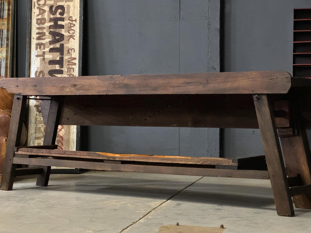 LARGE Antique Workbench Table, Wood Working Bench With Vice, Industrial Workbench, Industrial Console Table, Primitive Entryway Table