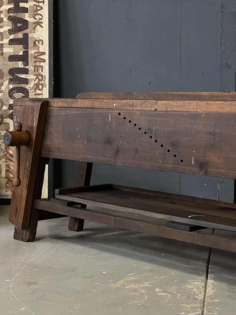 LARGE Antique Workbench Table, Wood Working Bench With Vice, Industrial Workbench, Industrial Console Table, Primitive Entryway Table