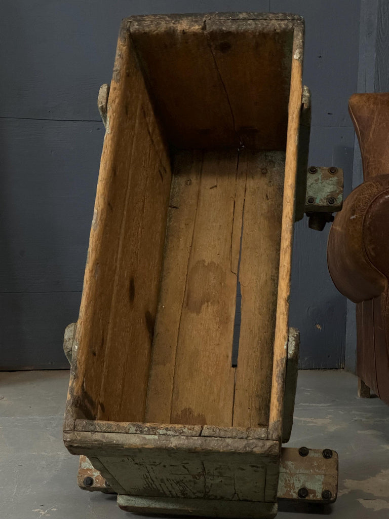 Antique Industrial Factory Cart, Industrial Wood Crate On Wheels, Antique Wood Cart, Green Industrial Storage, Parts Bin