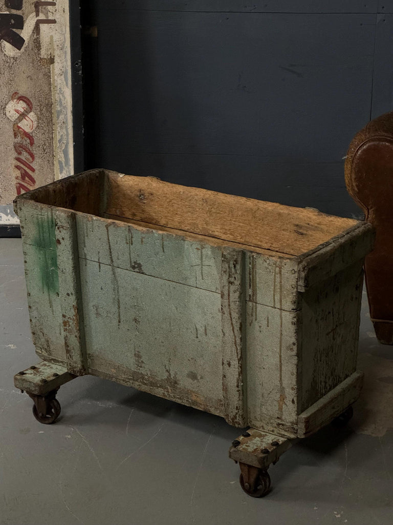 Antique Industrial Factory Cart, Industrial Wood Crate On Wheels, Antique Wood Cart, Green Industrial Storage, Parts Bin