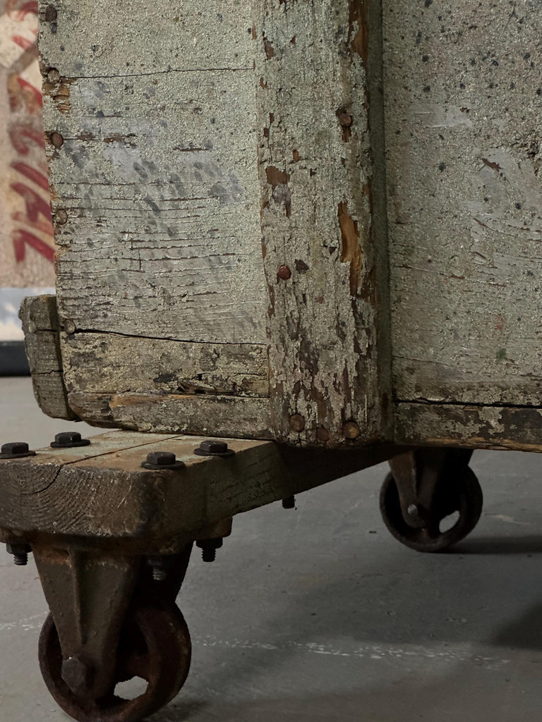 Antique Industrial Factory Cart, Industrial Wood Crate On Wheels, Antique Wood Cart, Green Industrial Storage, Parts Bin