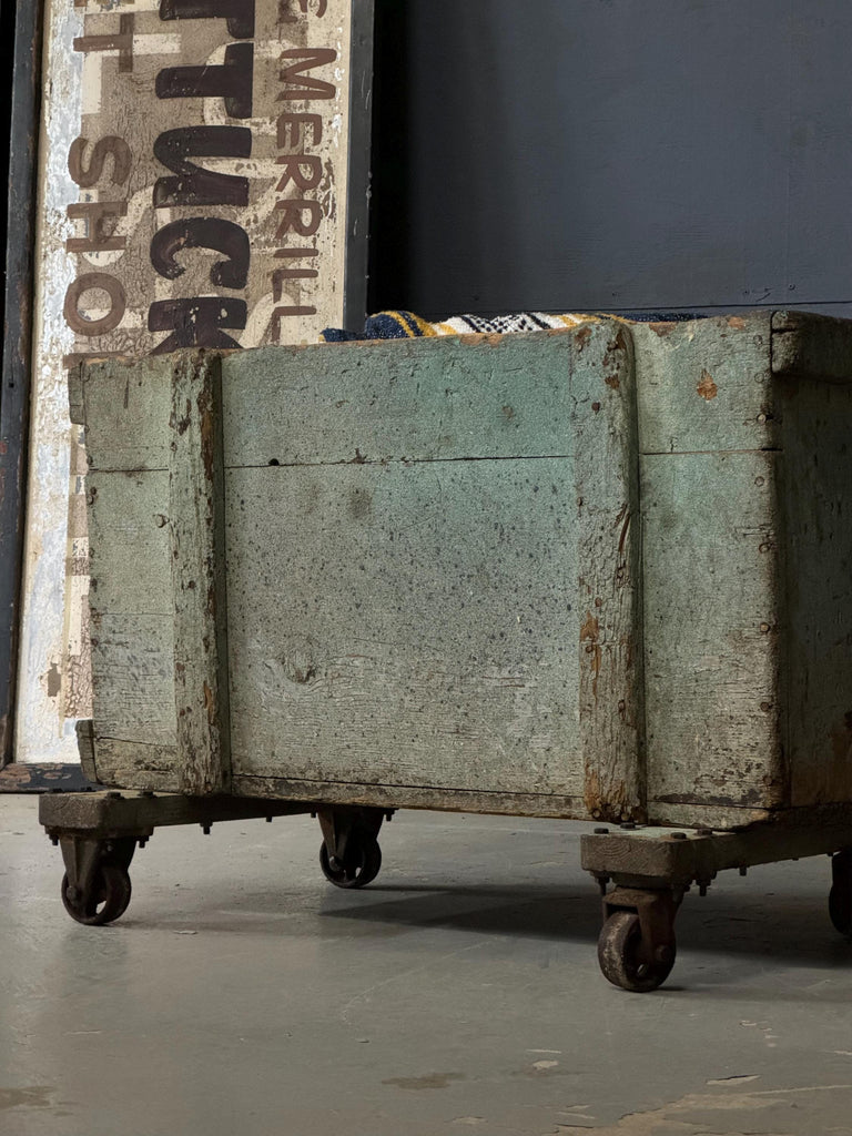 Antique Industrial Factory Cart, Industrial Wood Crate On Wheels, Antique Wood Cart, Green Industrial Storage, Parts Bin