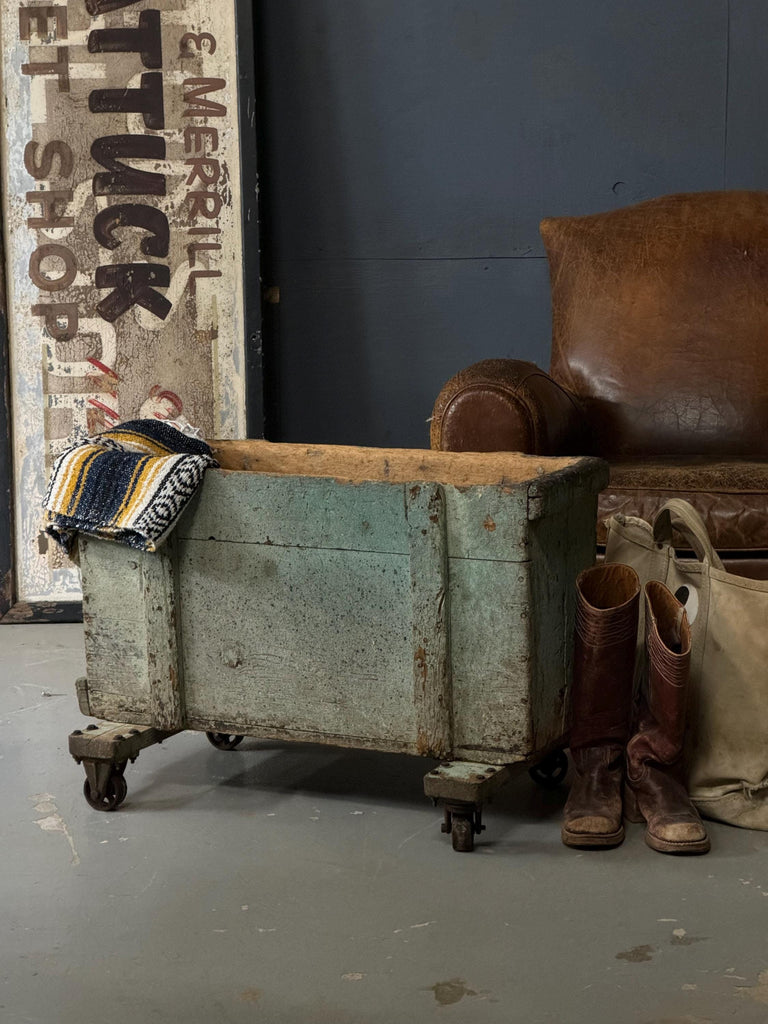 Antique Industrial Factory Cart, Industrial Wood Crate On Wheels, Antique Wood Cart, Green Industrial Storage, Parts Bin