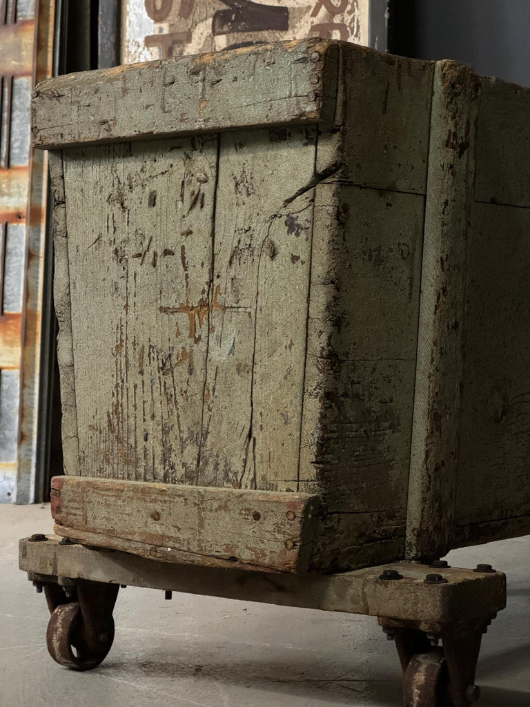 Antique Industrial Factory Cart, Industrial Wood Crate On Wheels, Antique Wood Cart, Green Industrial Storage, Parts Bin