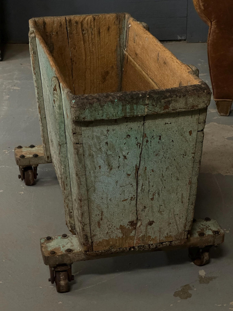 Antique Industrial Factory Cart, Industrial Wood Crate On Wheels, Antique Wood Cart, Green Industrial Storage, Parts Bin