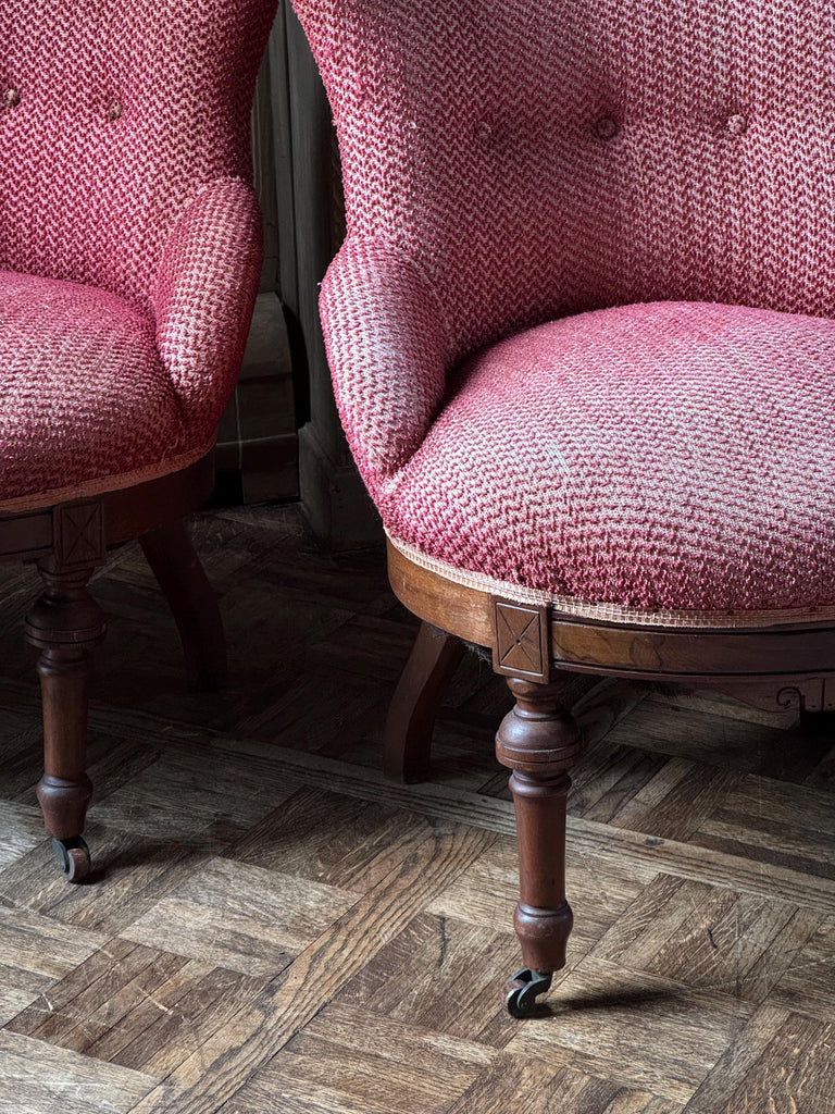 Pair Of Antique Parlor Chairs, Antique Tub Chairs, Set Of 2 Chairs, Eastlake Chairs, Victorian Chairs, Red Upholstered Chairs, Vanity Chair