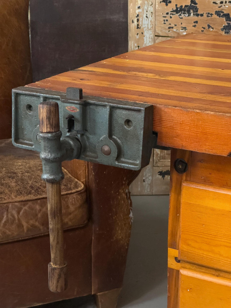 Antique Workbench With Drawers, Workbench Table, Industrial Workbench With Vise, Woodworking Table