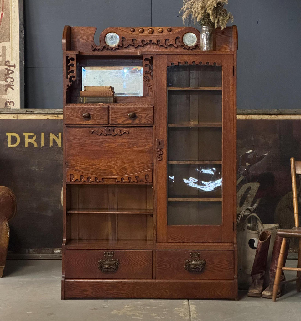 Antique Oak Chifforobe, Secretary Curio Cabinet