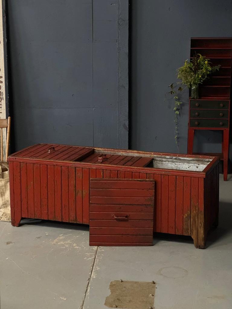 HUGE Antique Chest Cooler, Red Cooler, Primitive Wood Cooler, Large Rustic Cooler, Primitive Furniture, Outdoor Cooler, Antique Ice Box