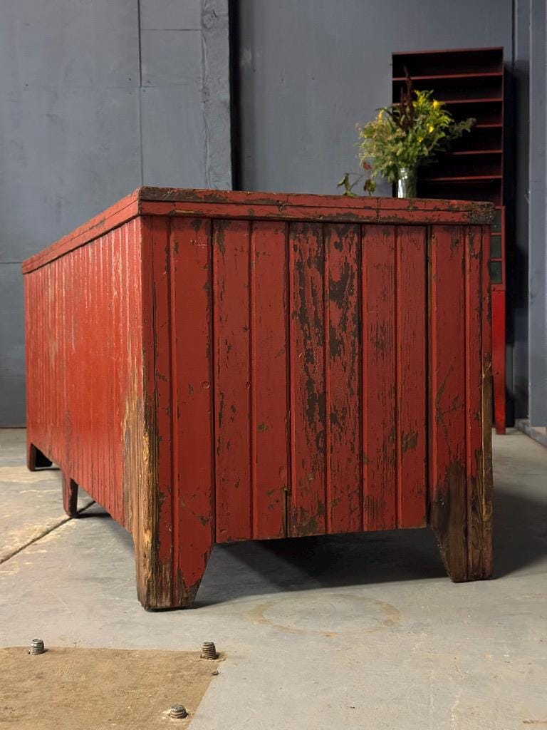 HUGE Antique Chest Cooler, Red Cooler, Primitive Wood Cooler, Large Rustic Cooler, Primitive Furniture, Outdoor Cooler, Antique Ice Box