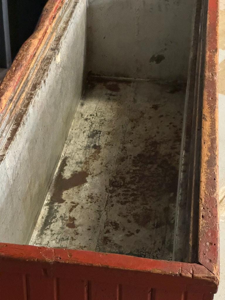 HUGE Antique Chest Cooler, Red Cooler, Primitive Wood Cooler, Large Rustic Cooler, Primitive Furniture, Outdoor Cooler, Antique Ice Box