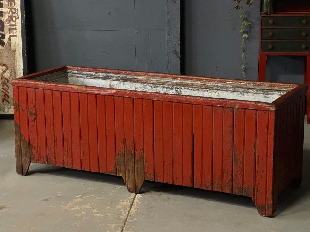 HUGE Antique Chest Cooler, Red Cooler, Primitive Wood Cooler, Large Rustic Cooler, Primitive Furniture, Outdoor Cooler, Antique Ice Box