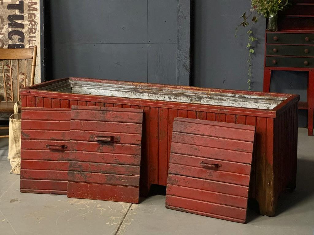 HUGE Antique Chest Cooler, Red Cooler, Primitive Wood Cooler, Large Rustic Cooler, Primitive Furniture, Outdoor Cooler, Antique Ice Box