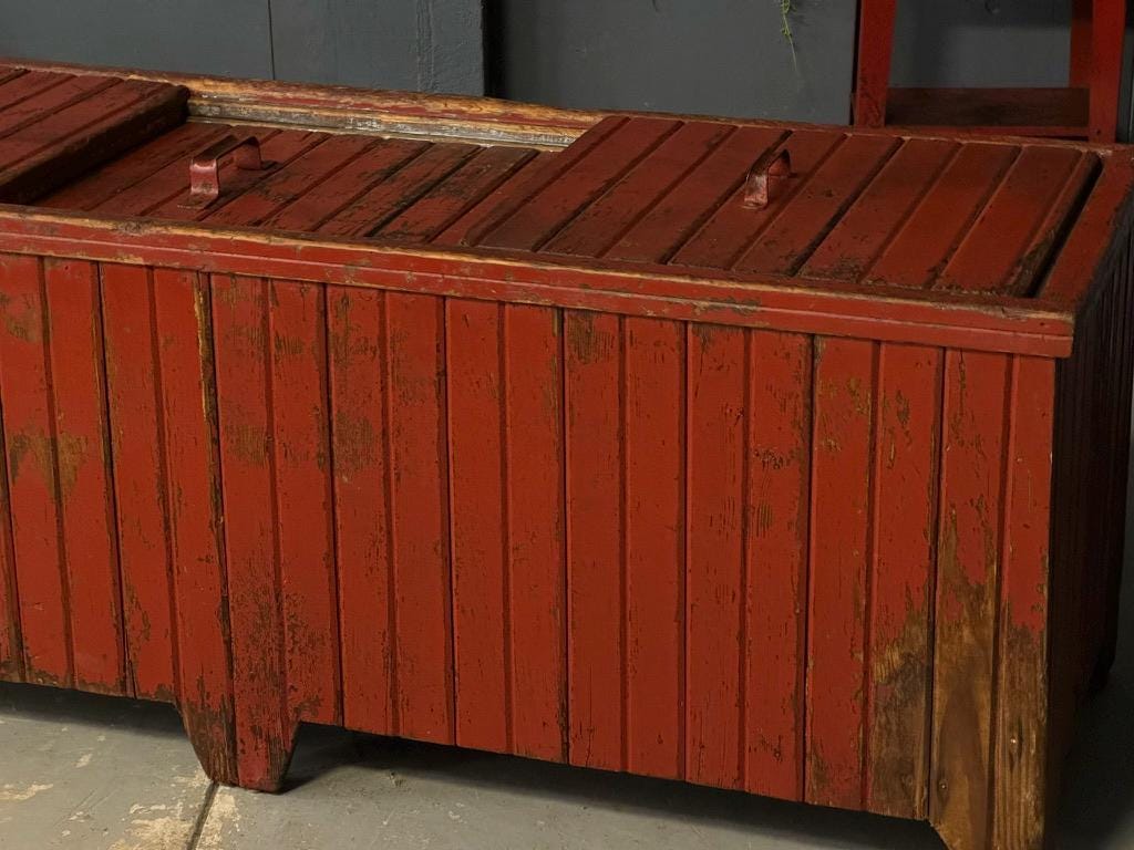 HUGE Antique Chest Cooler, Red Cooler, Primitive Wood Cooler, Large Rustic Cooler, Primitive Furniture, Outdoor Cooler, Antique Ice Box